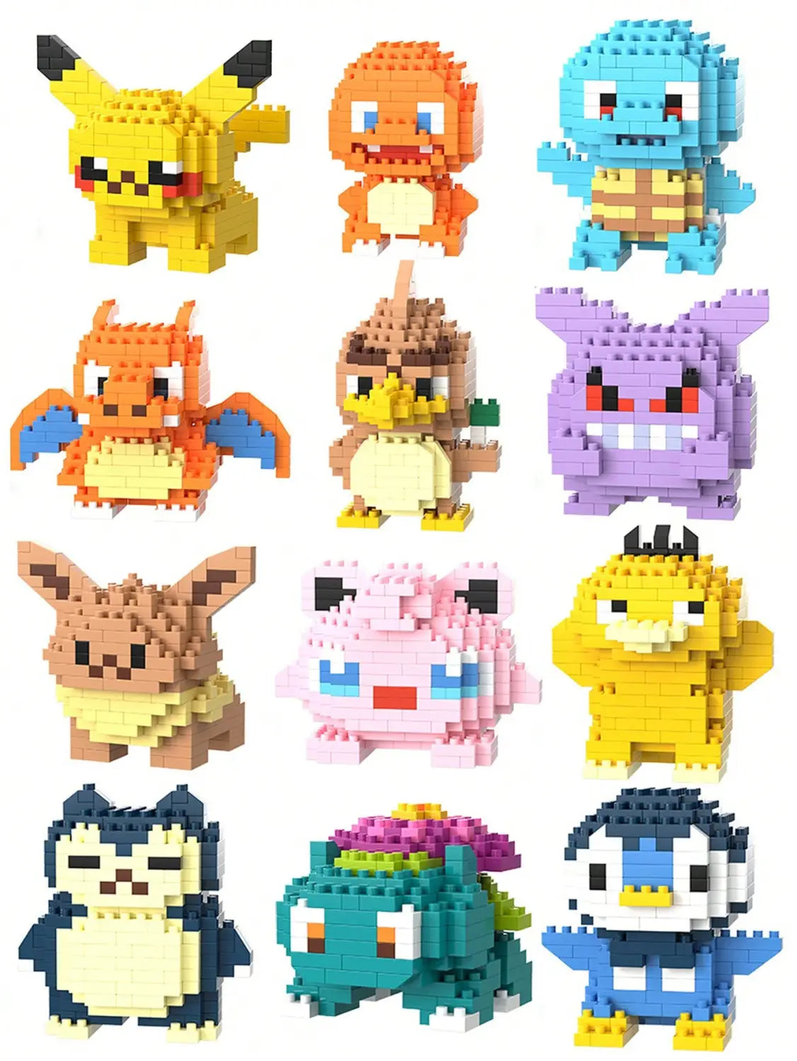 ポケモンのビルディングブロックおもちゃセットに対応したレゴ互換の、かみ合うプラスチック製ブロックで組み立てられたカラフルなピクセル調のポケモンフィギュアの集合。