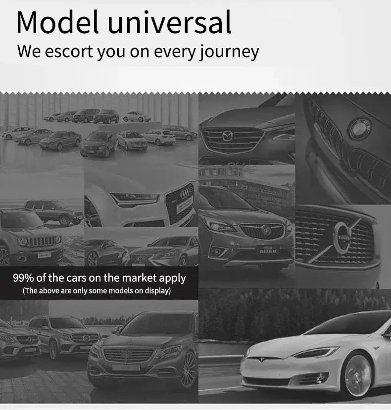Juego de alfombrillas para el piso del automóvil con rombos negros para la parte delantera y trasera, mostradas junto con una colección de rejillas universales para automóviles, que exhibe varios diseños automotrices de lujo y de uso general.