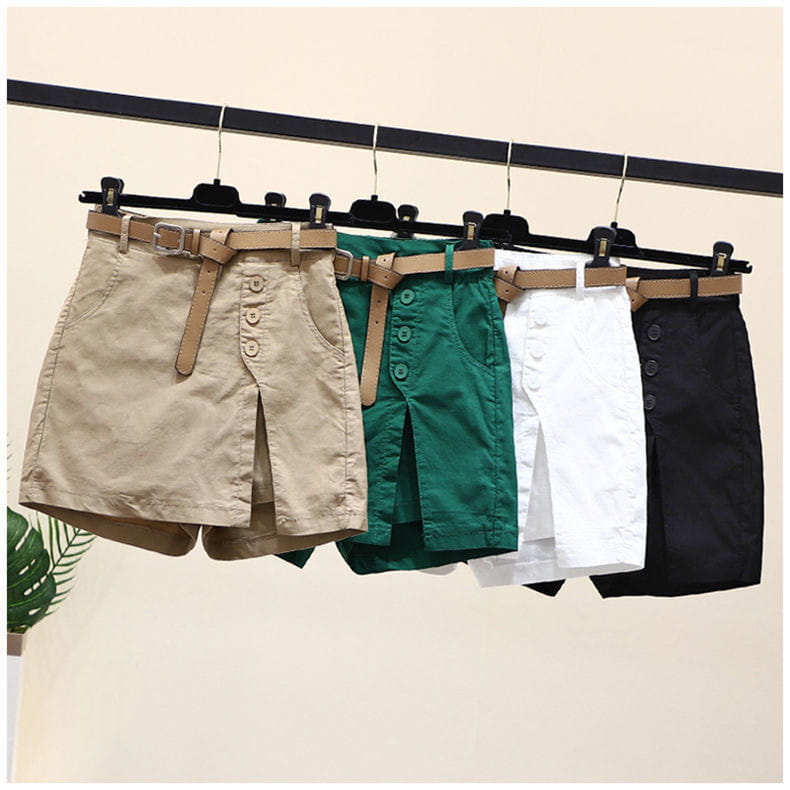 office lady belted wide leg shorts in beige green white and black with matching tan belts displayed in a front button design