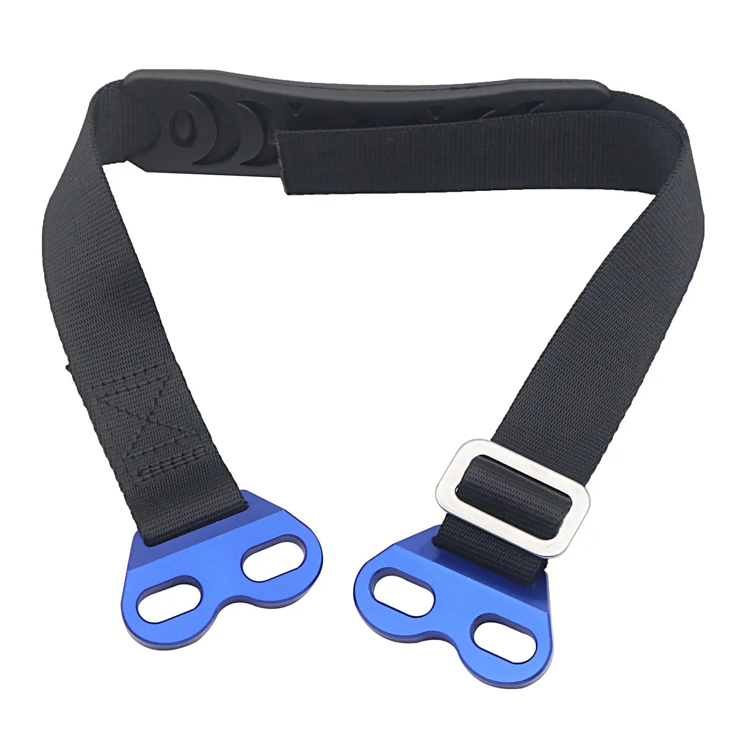 Blauer Aluminium-Karabiner-artiger Gurt mit schwarzem Gurtband und einer silbernen Schnalle für das Dirtbike-Abschleppgurt-Set Vorder- und Rückholriemen.