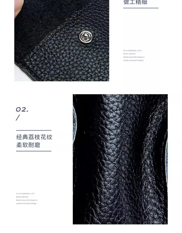 Schwarzes Leder-Schlüsseletui mit Taschenhalterfunktion, mit strukturierter, genarbter Oberfläche und silberfarbenem Metallverschluss.