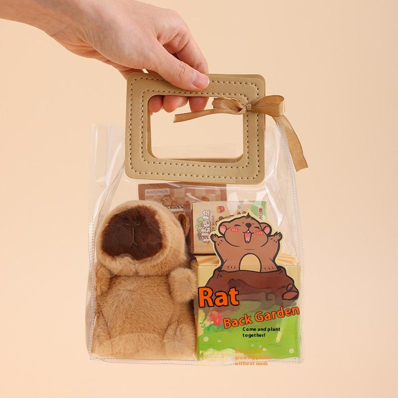 Beiger Kunstledergriff mit genähten Kanten und gebundenem Schleifendetail im Capybara-Schreibwaren-Set, kawaii, Geschenkartikel für Studierende