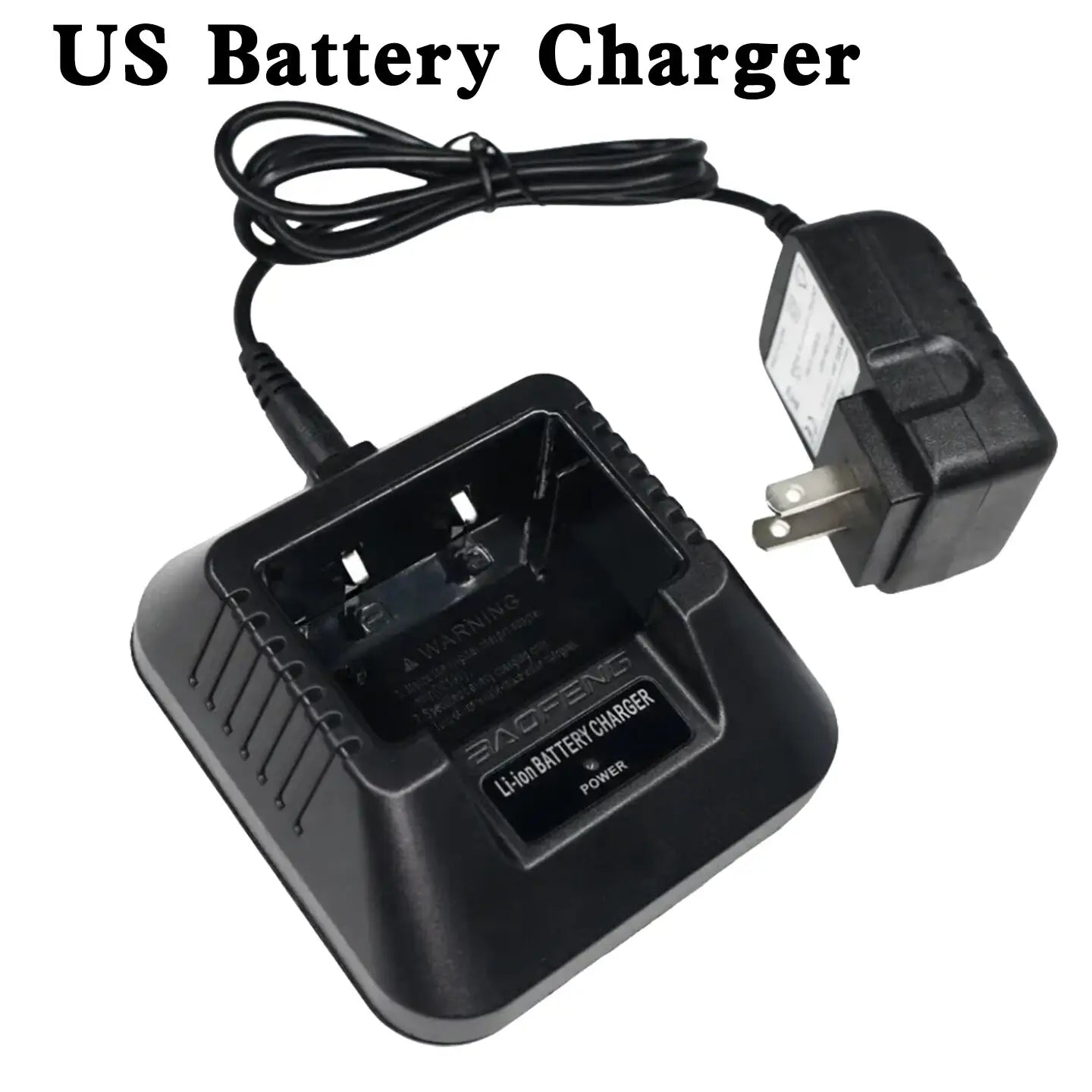 Black plastic uv5r li-ion charger for Baofeng walkie talkie with a coiled power cord and plug designed for li-ion batteries.