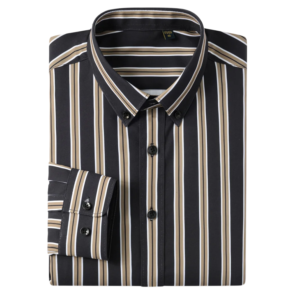 Men's Elegant  Striped Iron-Free Long Sleeve Dress Shirts - Breathable, Stretchy Casual Button Up Shirt For Formal Occasions