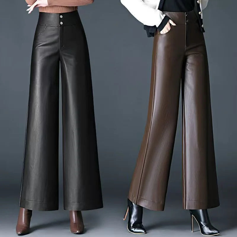 Women's High Waist Loose PU Leather Pants Autumn Winter Windproof Waterproof Straight Leg Pants Casual Fashion Ladies Trousers