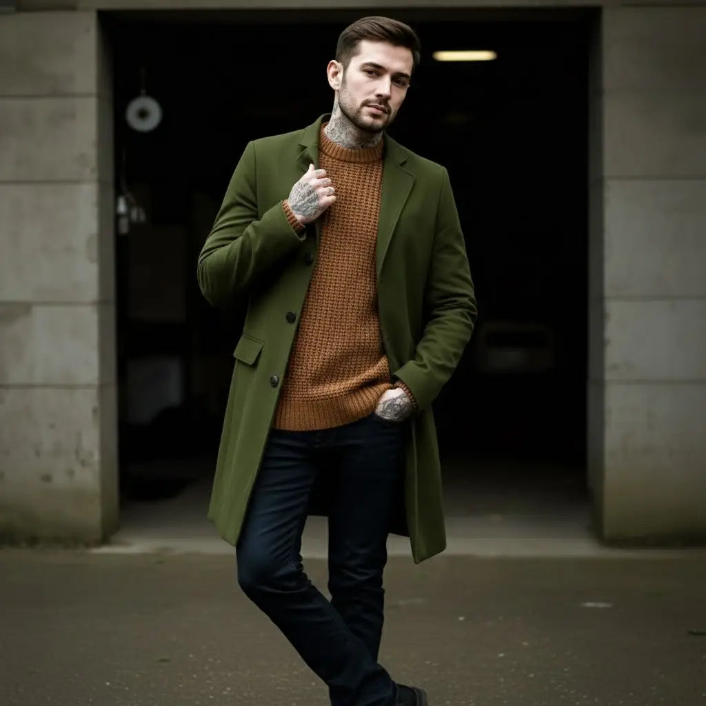 Manteau d’hiver en laine à simple boutonnage pour homme en vert olive avec boutons noirs, porté par-dessus un pull en tricot marron à texture.