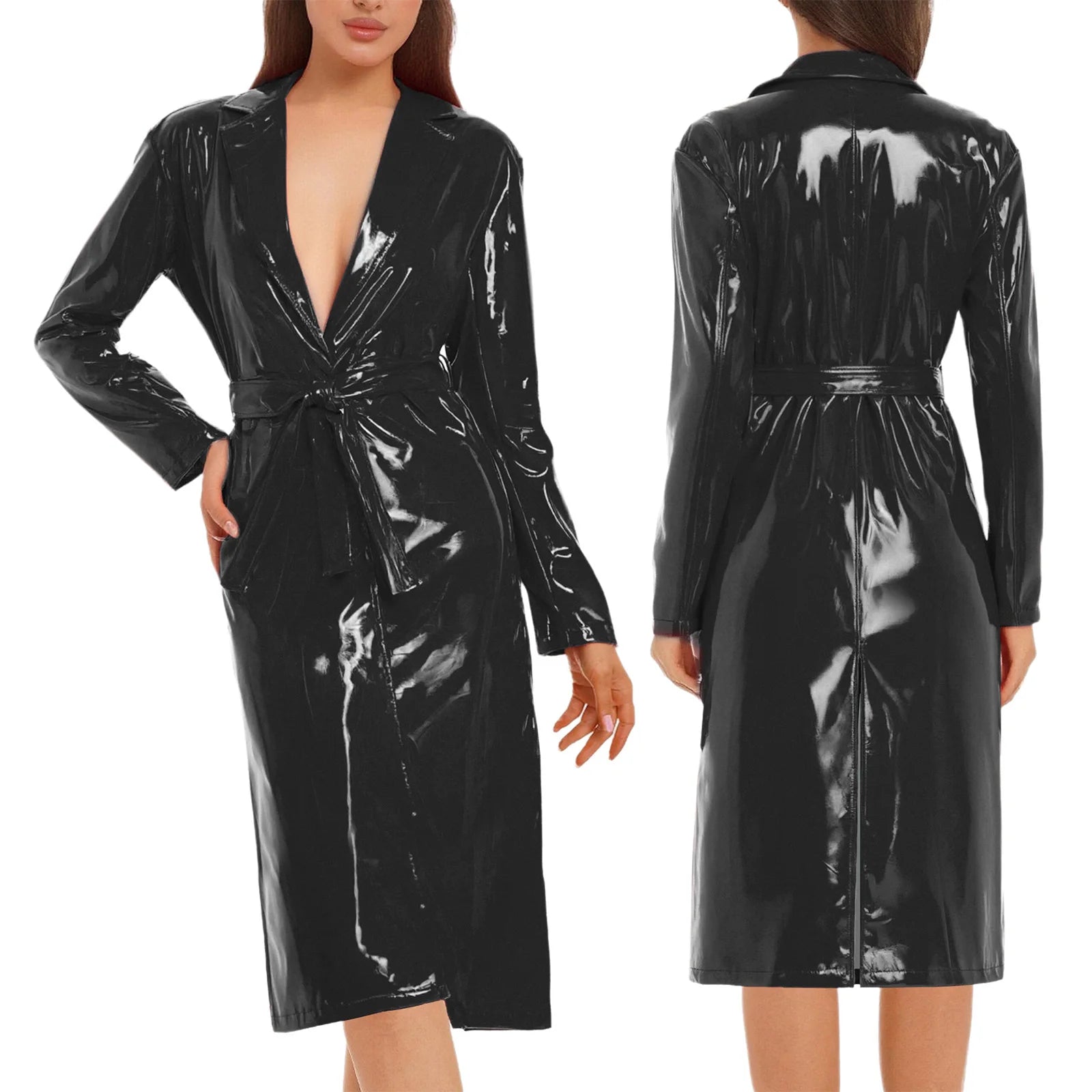 Black patent leather wrap dress with a deep v-neckline and belted waist featured as glossy pu leather trench coat women belted outerwear.