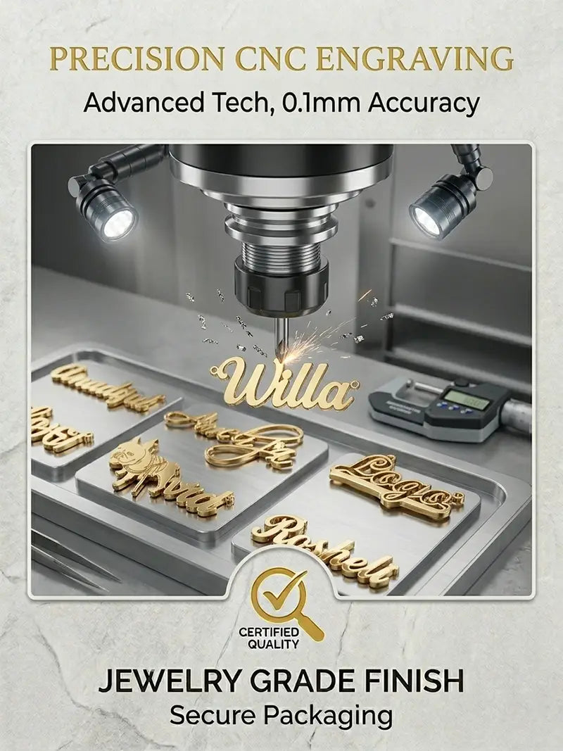 custom photo engraved dog keychain in stainless steel with gold-colored intricately engraved nameplate designs being precision cnc machined for a jewelry-grade finish.