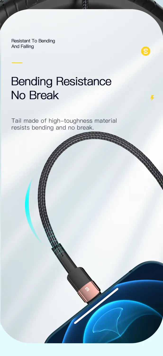 Essager iPhone-Schnellladekabel 2,4 A mit schwarzem geflochtenem Kabel und magnetischem Roségold-Anschluss, ausgelegt für hohe Robustheit und Flexibilität.
