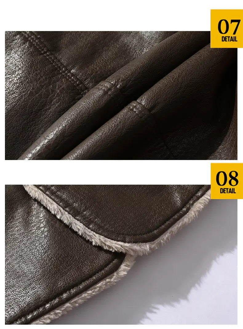 gabardina de cuero para hombre con forro de vellón, chaqueta de invierno, en cuero marrón oscuro con forro de vellón suave de color claro para uso en clima frío