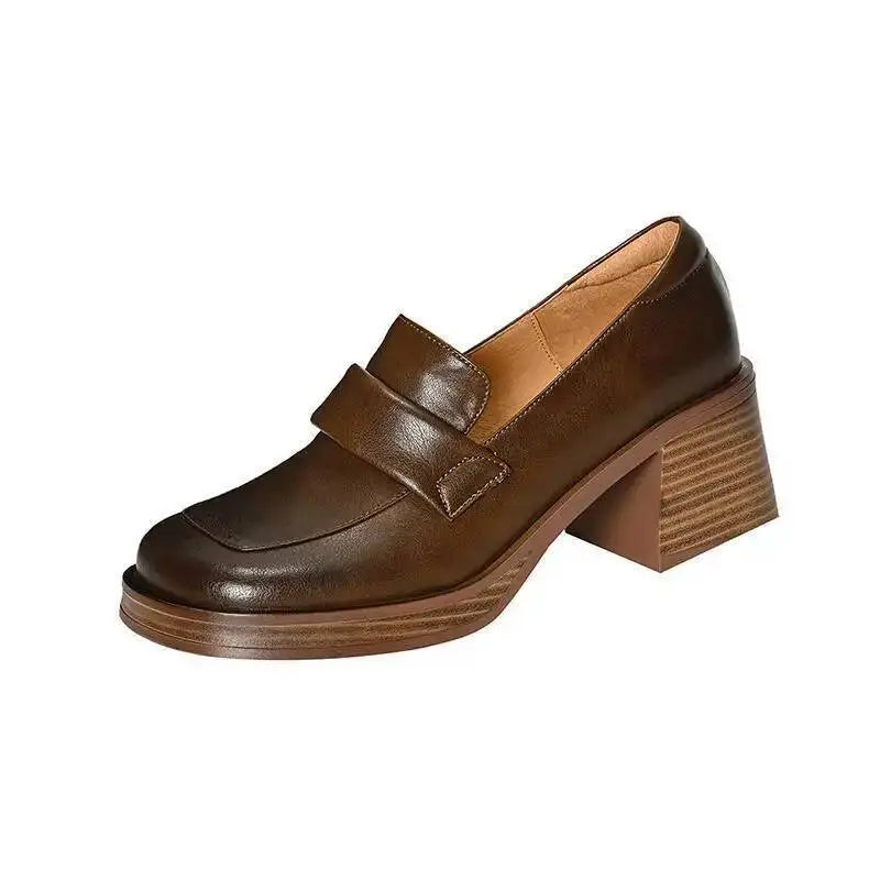 Women's Mid Heel Shoes 2025 New Leather Chunky Heel Loafers Thick-Soled French Minimalist Square Toe High Heel Office Shoes