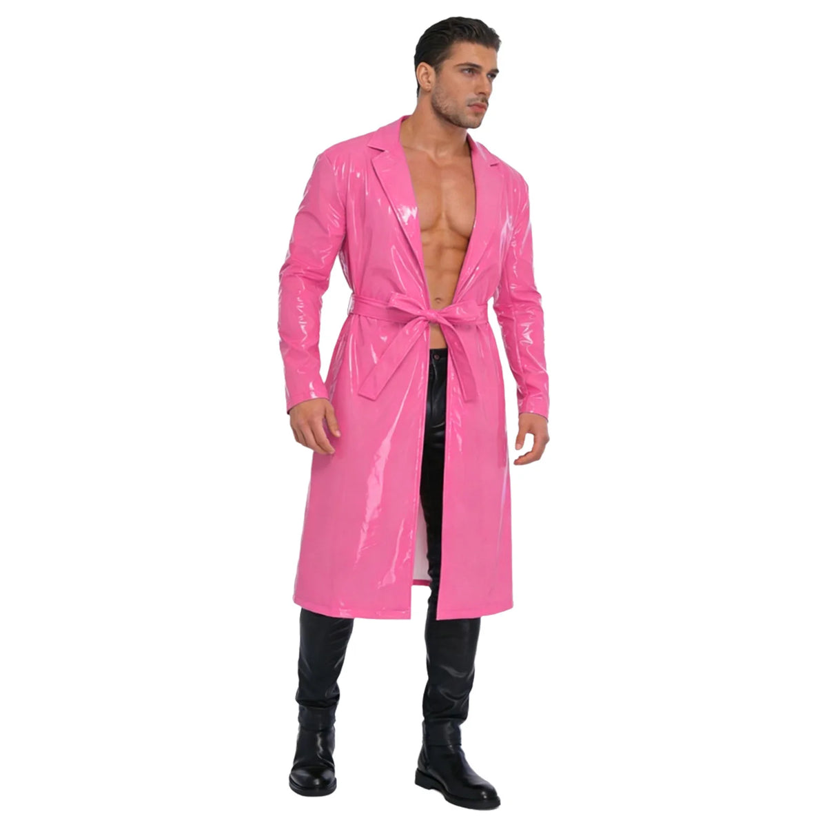 Mens Glossy Long Trench Coat Blazer Lapel PU Leather Open Front Long Jackets with Belt for Casual Life Streetwear Party Clubwear