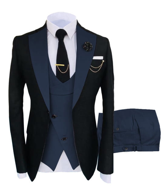 slim fit men 3-piece tuxedo suit with black jacket featuring navy blue satin lapels, matching vest, white dress shirt, and black tie, ideal for business or wedding occasions with button closure type for happy shopping.