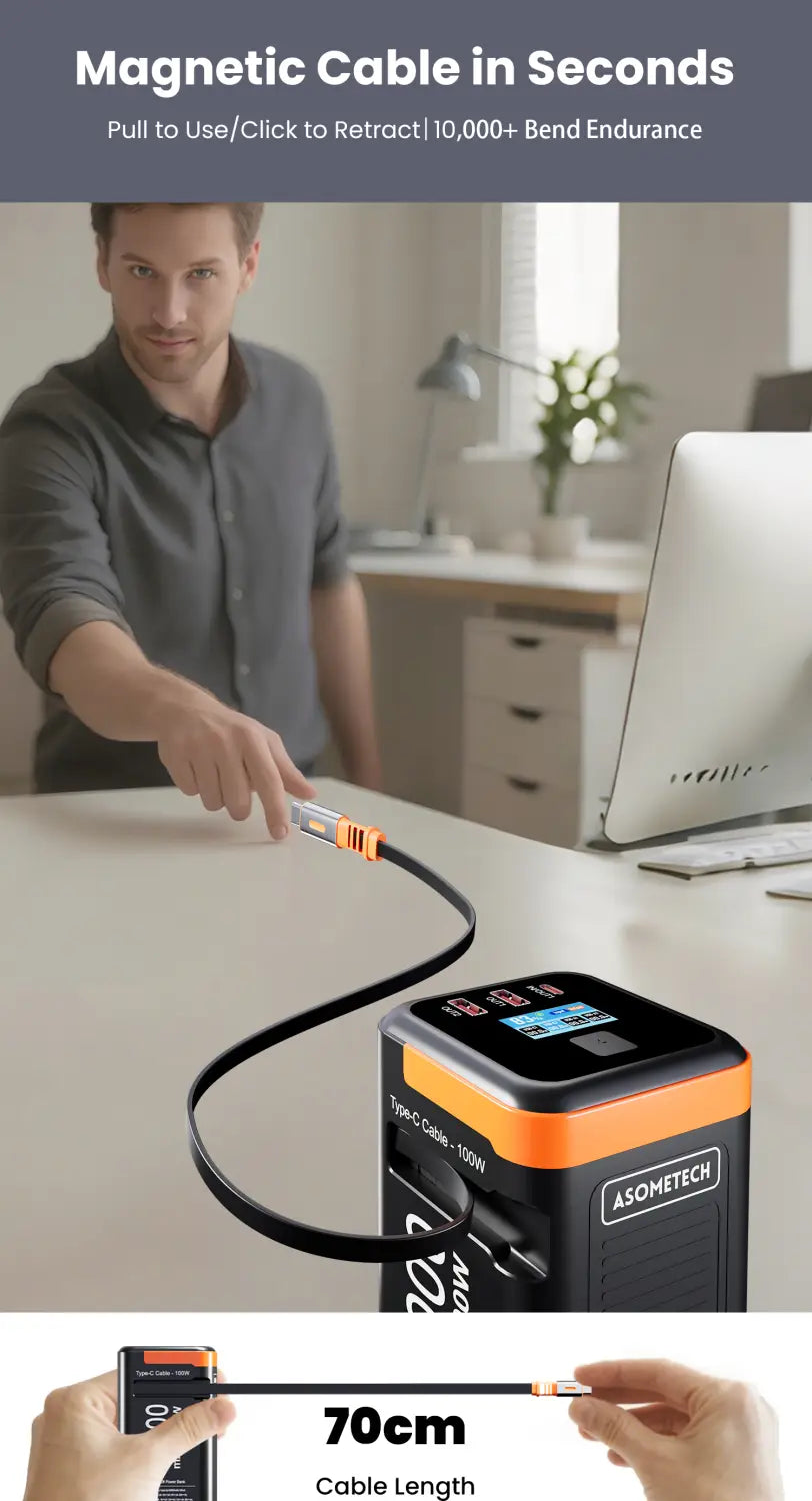 Câble magnétique noir avec des touches orange et conception rétractable pour le power bank Asometech 50000 mAh, 100 W, à charge rapide.