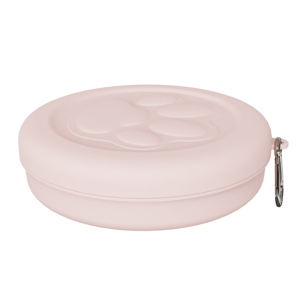 Cuenco portátil para viajar con perros con almacenamiento de golosinas que incluye un estuche para correa de silicona rosa para mascotas con diseño de huella de pata y clip de mosquetón metálico