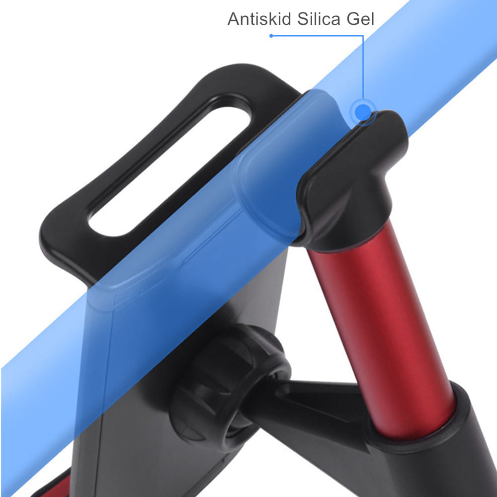 Soporte para tableta para reposacabezas de automóvil azul y negro con poste metálico rojo y agarre de gel de sílice antideslizante para dispositivos de 4,7 a 13 pulgadas.