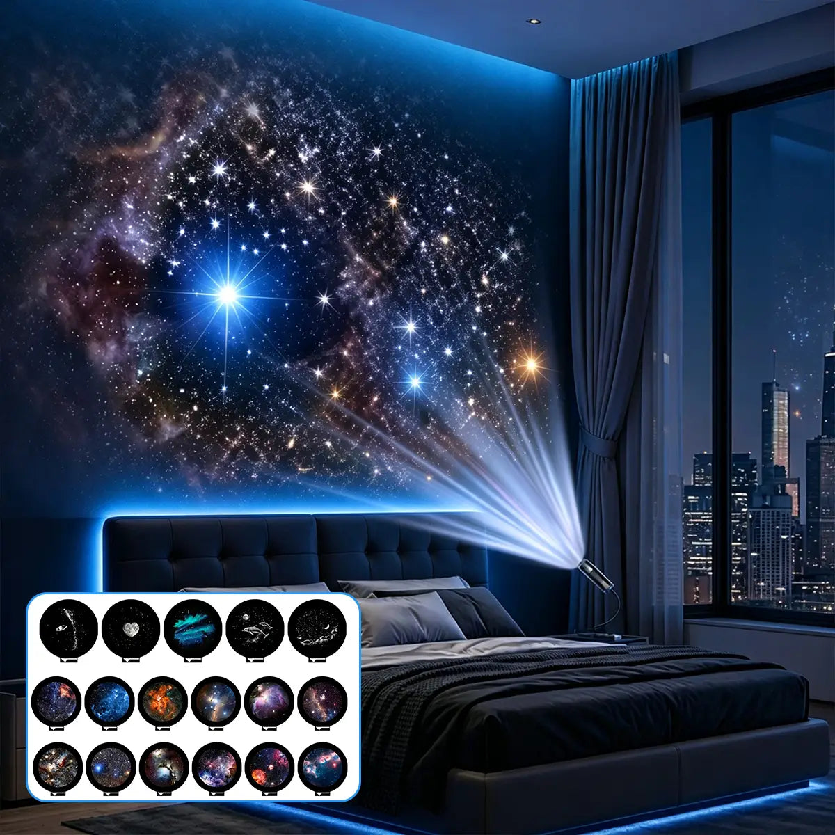 Un projecteur mini LED moderne et élégant projetant une scène galactique cosmique vibrante avec des étoiles et des nébuleuses lumineuses, comme lumière de projecteur sur le mur