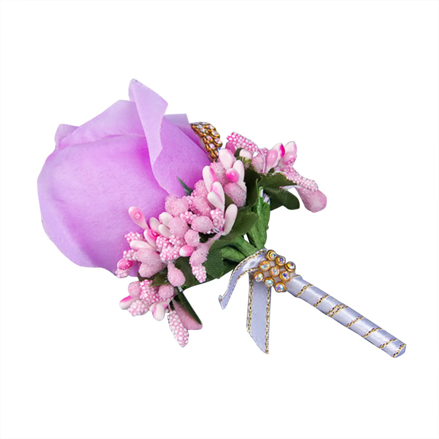 Blue wedding boutonniere artificial silk rose corsage featuring a delicate lavender and pink floral design adorned with sparkling rhinestones and a satin ribbon tie.