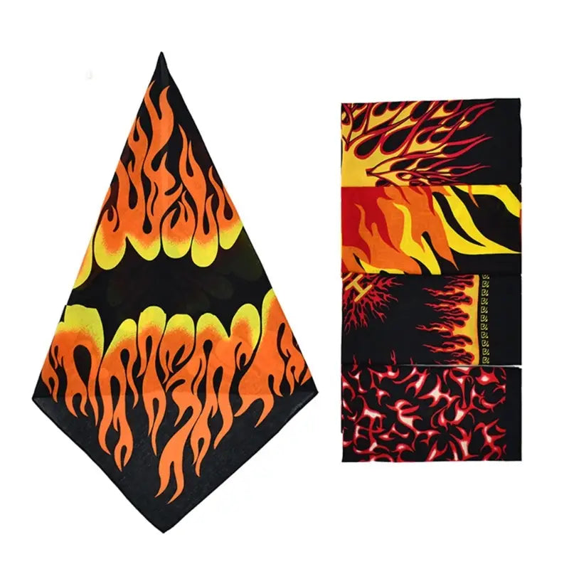 Flame pattern bandana head scarf featuring vibrant orange and yellow flame designs on black fabric with bold stylized fire patterns.