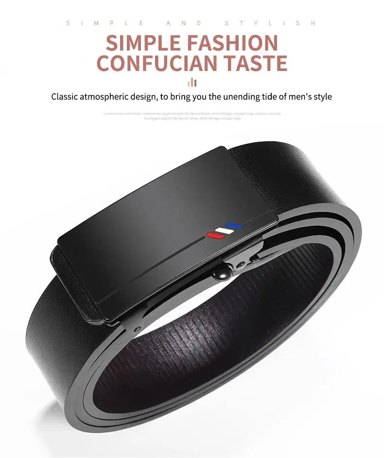 Mens leather belt automatic buckle black featuring a black leather strap with a sleek rectangular buckle and subtle red and blue logo detail.