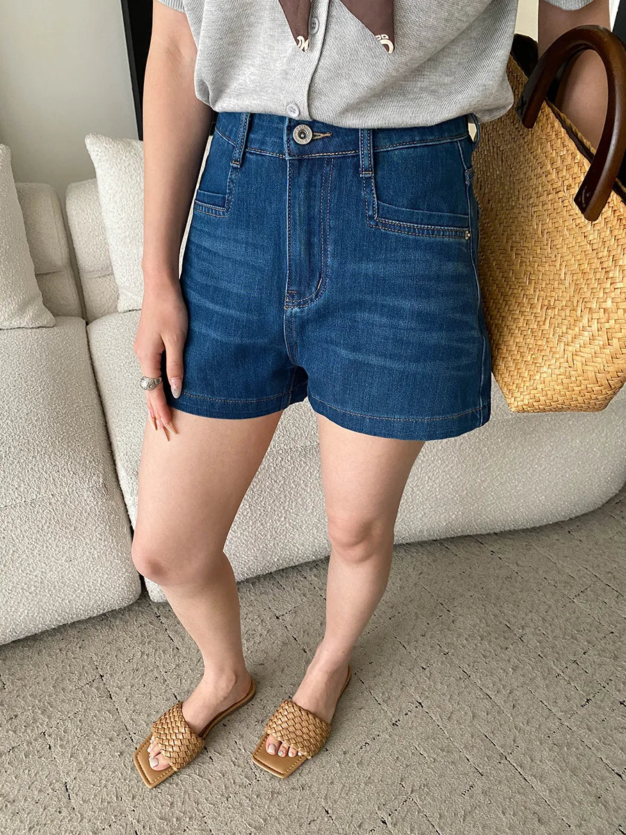 Summer women's casual solid color high waist loose A-line wide leg denim shorts