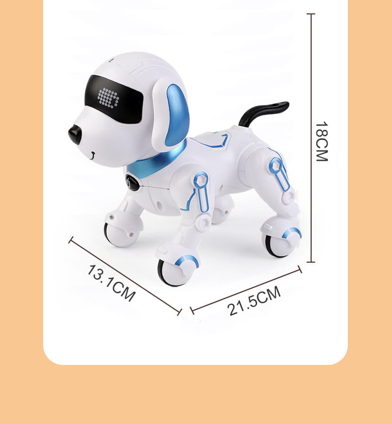 White and blue rc robot dog toy with black accents featuring led eyes and wheeled feet designed as an interactive smart electronic stunt pet.