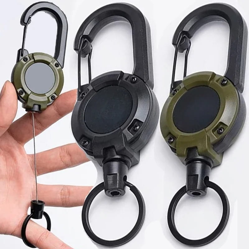 Black and olive green retractable carabiner keychains made of heavy duty steel wire with retractable cords for secure and convenient carry.