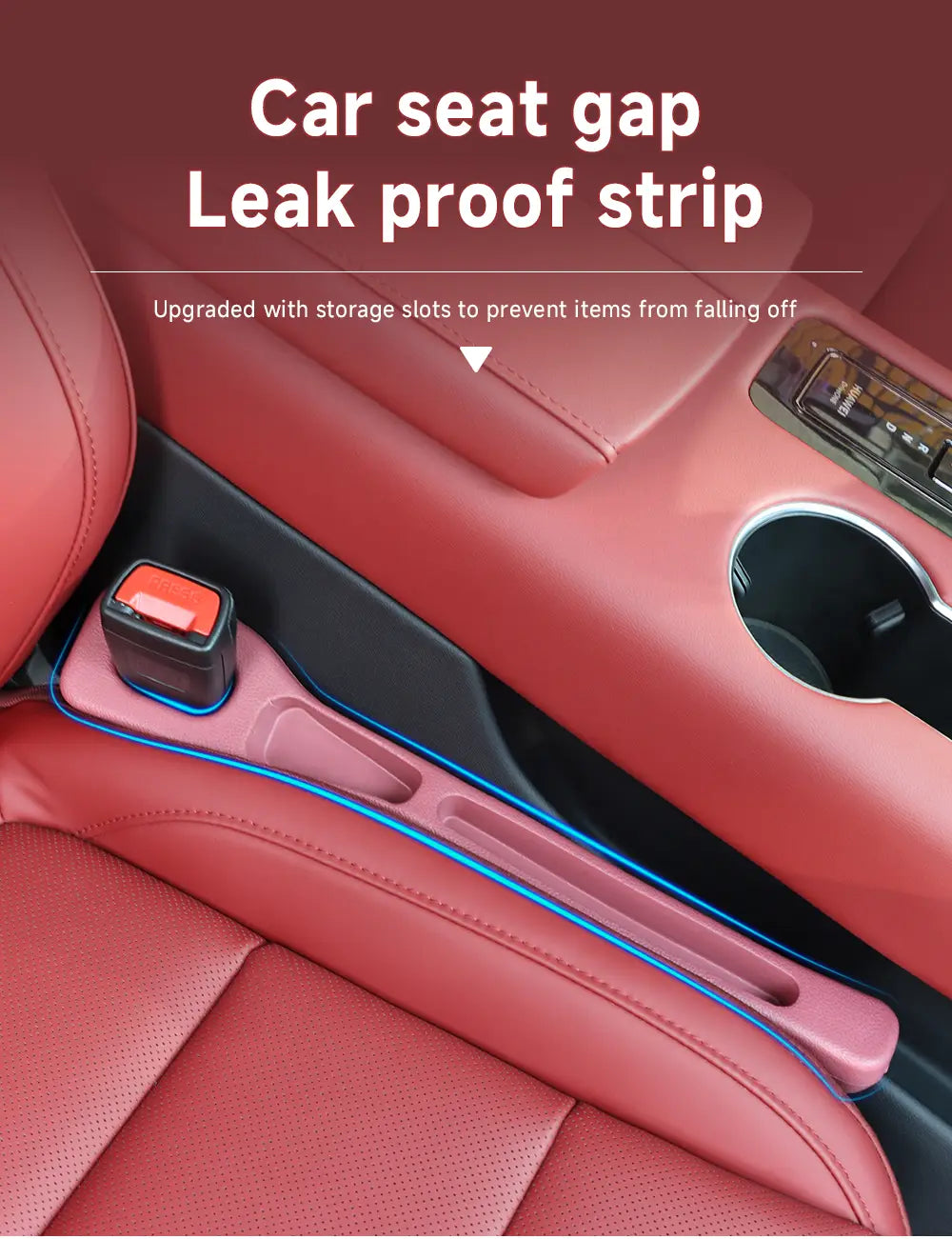 Bande en plastique rose pour interstice de siège de voiture, anti-fuite, avec bordure bleue et emplacements de rangement pour le dispositif de remplissage d’interstice de siège de la classe AMG GLC de Mercedes-Benz.