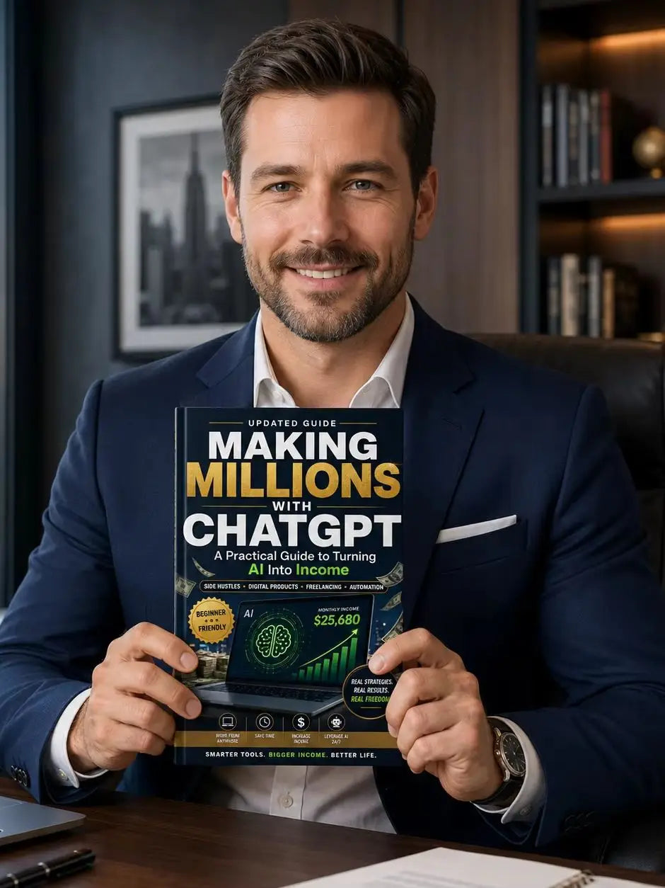 A sleek black book titled making millions with ChatGPT with bold gold and white text and a green brain graphic on its cover from the ChatGPT Income Guide Book AI Monetization Manual.