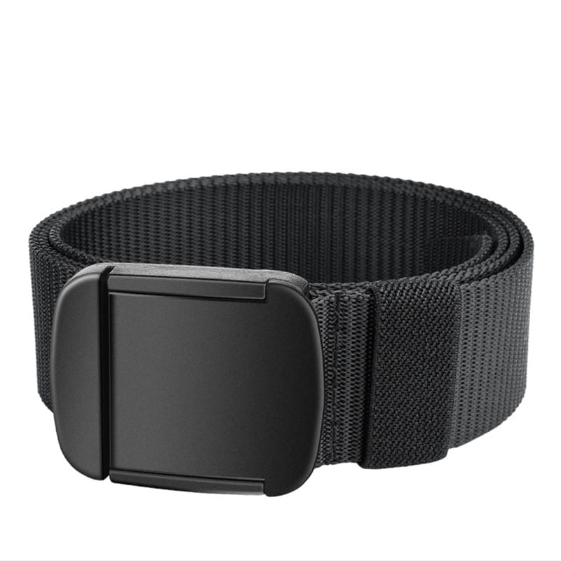 black nylon men tactical canvas belt with matte black plastic automatic buckle.