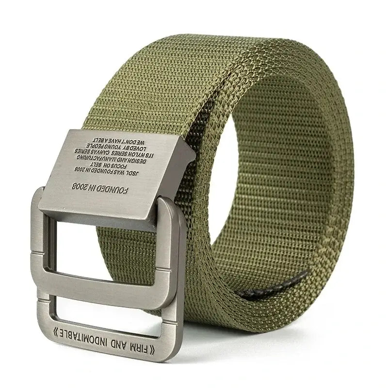 Olive green canvas web belt with an automatic silver-toned metal buckle featuring engraved text for unisex use.