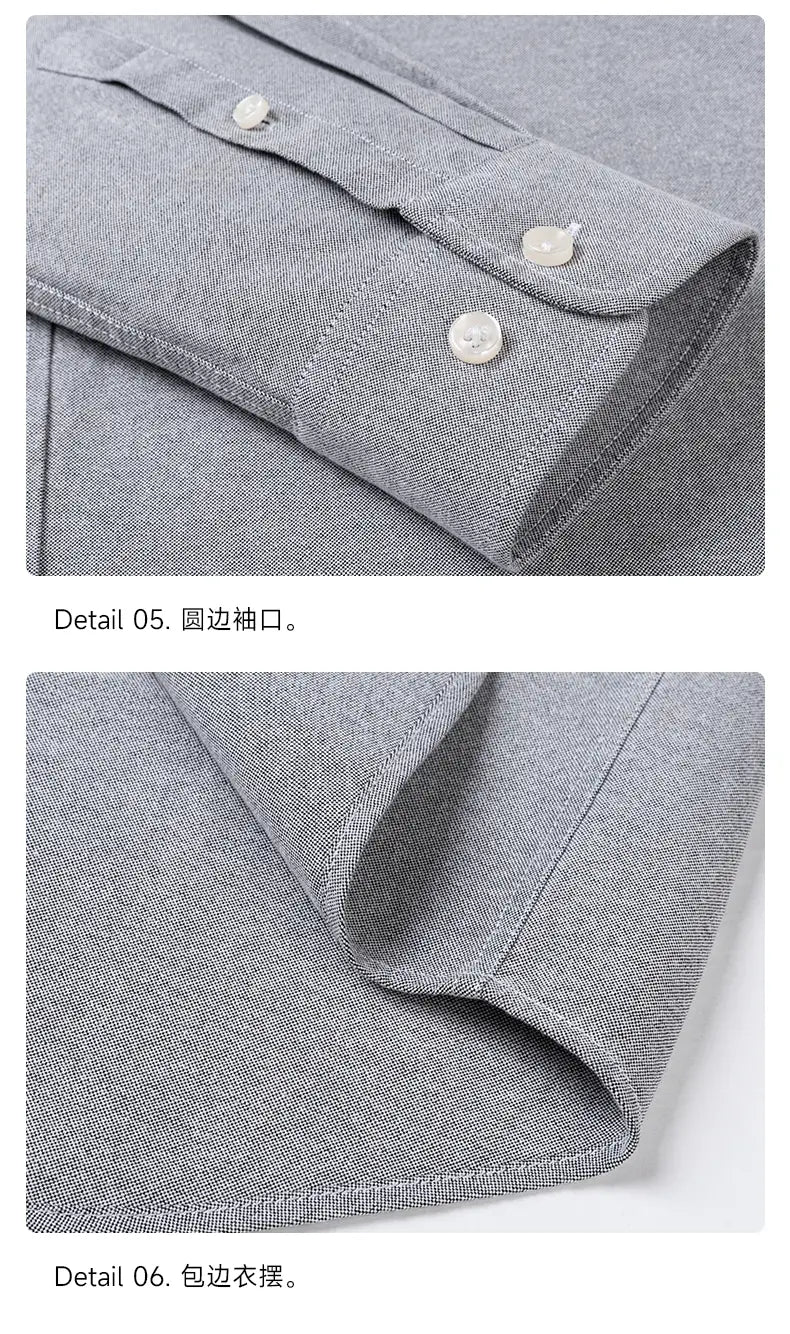 Men cotton oxford long sleeve casual shirt in gray textured fabric with white buttons and rounded cuffs.
