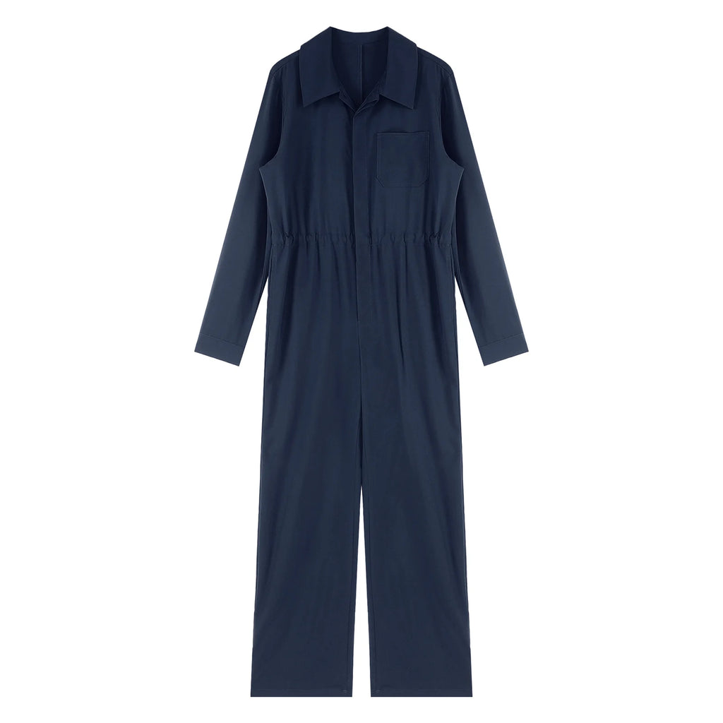 Womens Casual Jumpsuit Coverall Long Sleeve Solid Color Turn-Down Collar Button Flap Romper Fashion Work Travel Holiday Homewear