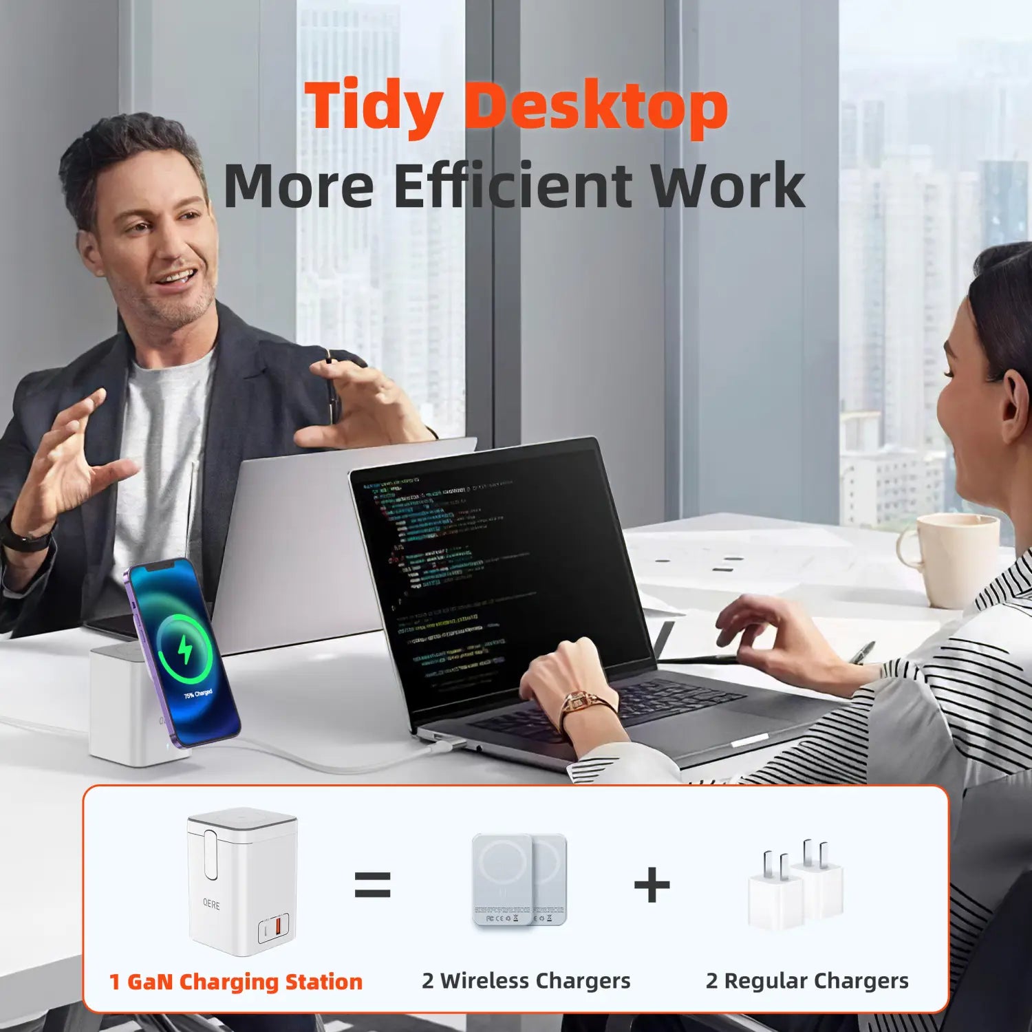 Weiße rechteckige magnetische Wireless-Lade station 65 W mit minimalistischer Gestaltung und sichtbaren Ein- und Ausgangsanschlüssen auf der Vorderseite
