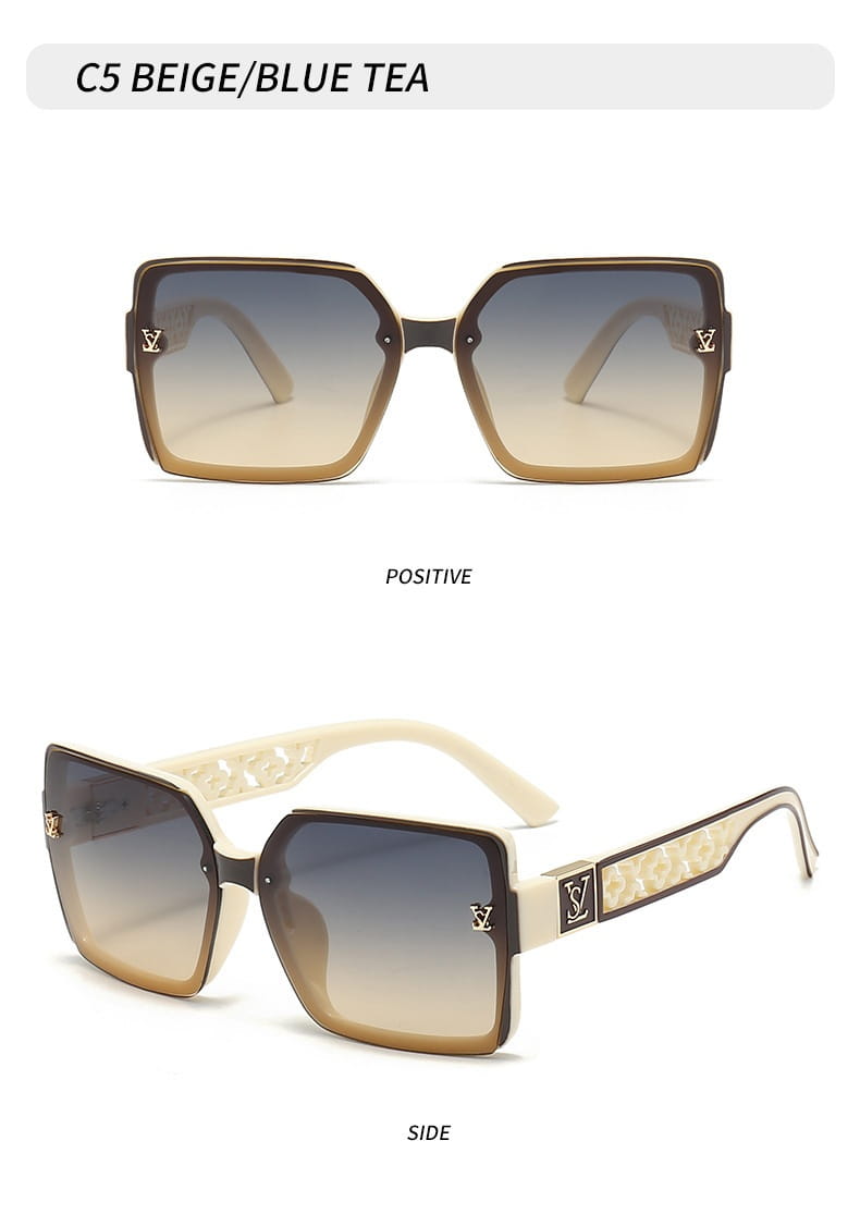 Lunettes de soleil carrées surdimensionnées dégradées beige et bleu avec protection UV400 et accents de logo Louis Vuitton ton or, conçues comme des lunettes de créateur unisexes.