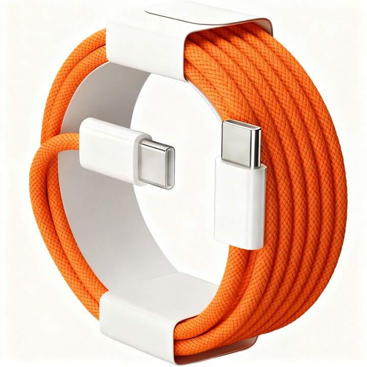 Orange nylon braided usb-c to usb-c fast charging cable with 6a current capacity white plastic connectors and matching white storage holder.