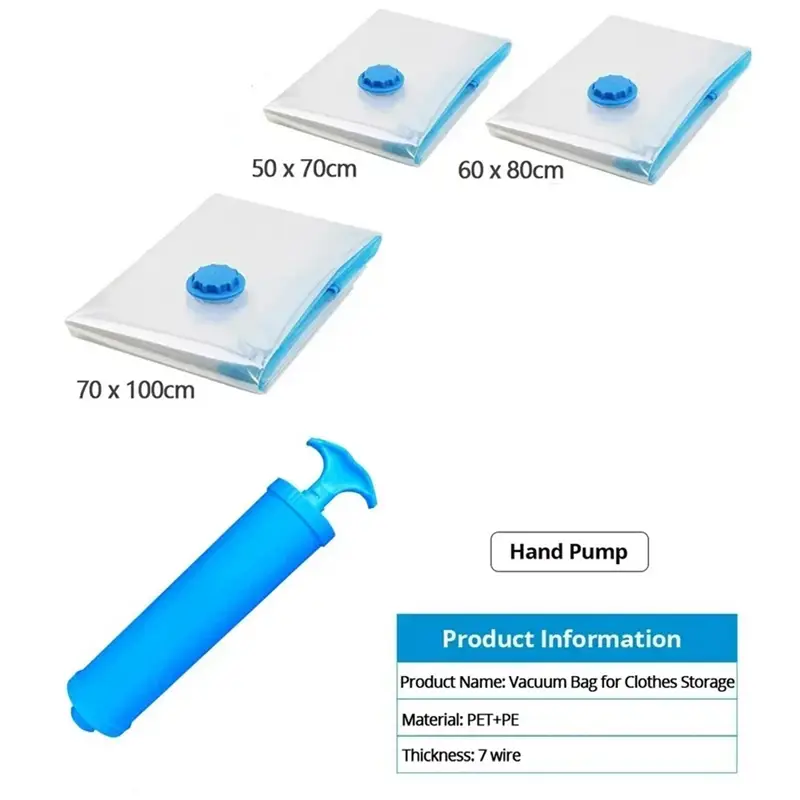 blue plastic vacuum storage bags set with matching blue caps and hand pump for space saving clothes storage