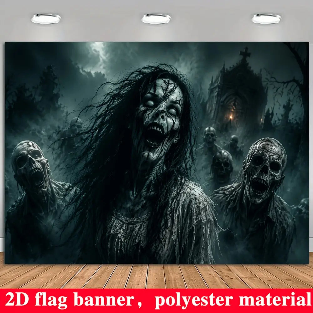 Póster decorativo de Halloween de poliéster con temática de cementerio de zombis, con un diseño de bandera 2D oscura y lúgubre, que presenta zombis que gritan en una escena de cementerio encantado.