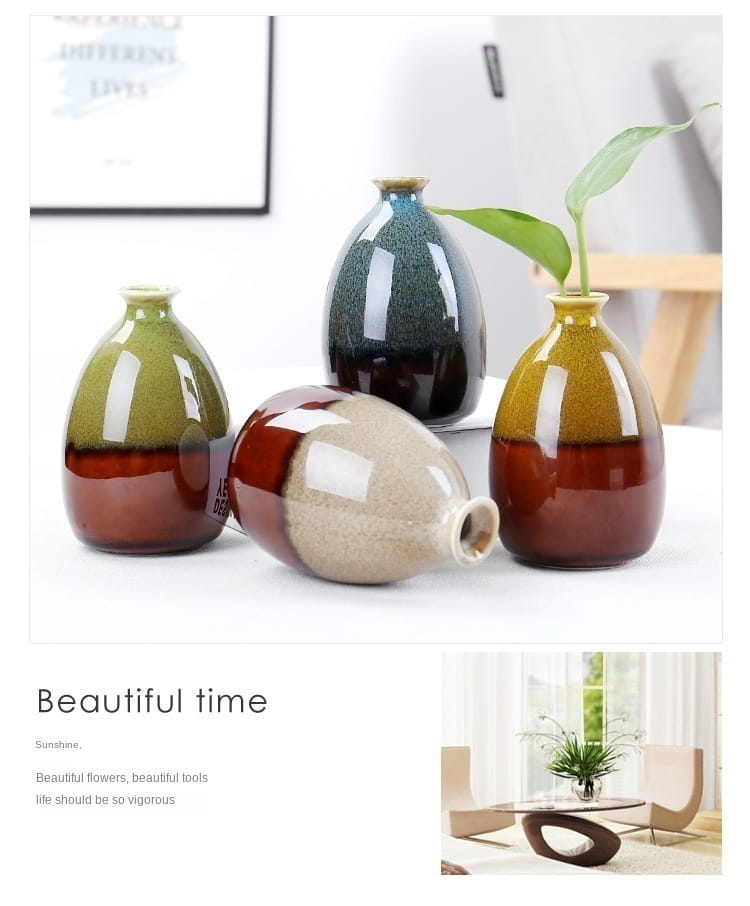 Set of four flower glaze ceramic vases with glossy two-tone glazes in earthy greens browns and blacks for home decor.