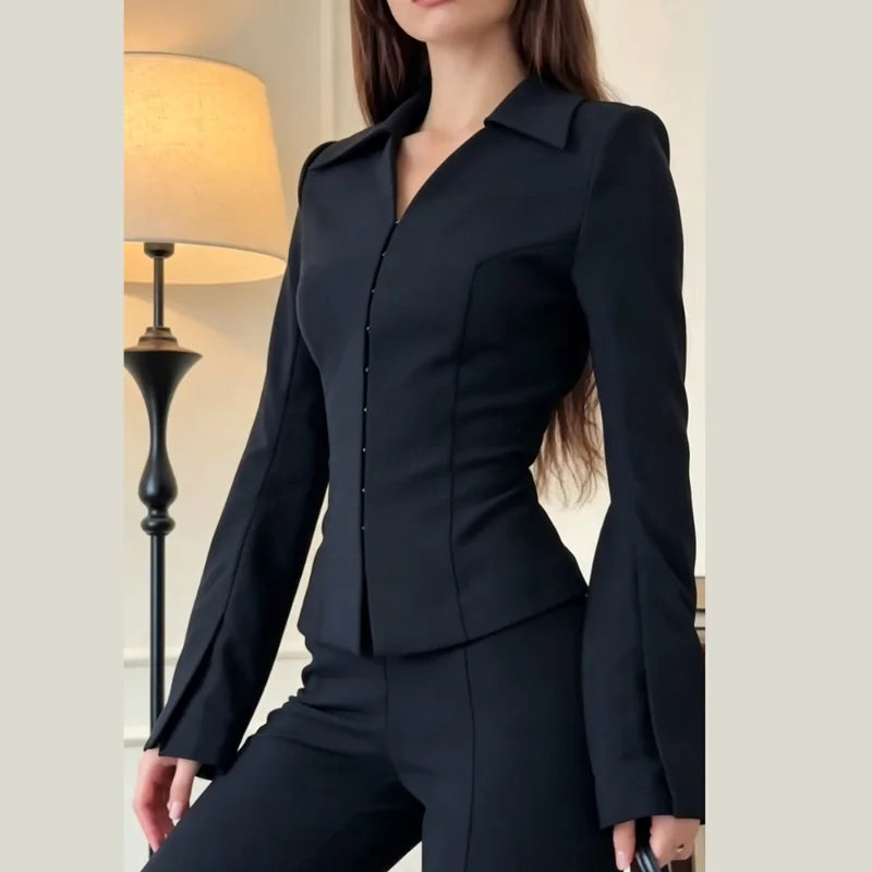 Women Two Piece Suit Set Long Sleeve Fitted Peplum Blazer High Waist Flared Trousers Commuter Business Casual Matching Outfits