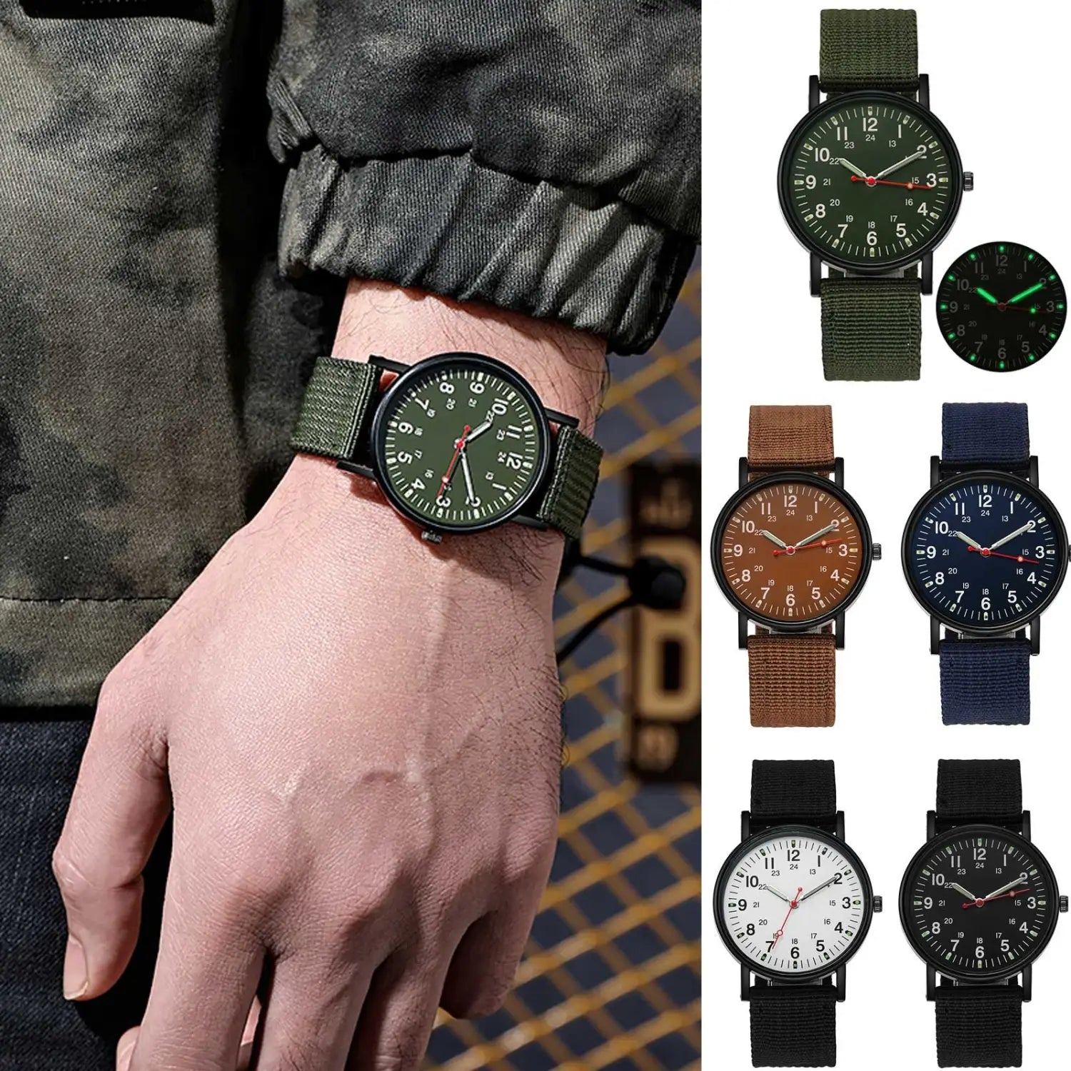 Militärisches Quarzarmbanduhr mit schwarzem Gehäuse, grünem Zifferblatt mit weißen Ziffern und rotem Sekundenzeiger, kombiniert mit einem olivgrünen Nylonarmband.