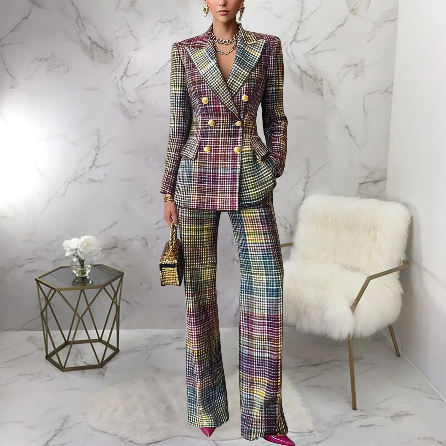 Set aus Damen-Blazer im mehrfarbigen Karo mit zweireihigem Verschluss und passenden Wide-Leg-Hosen aus Synthetikfaser mit Knopfverschluss-Typ