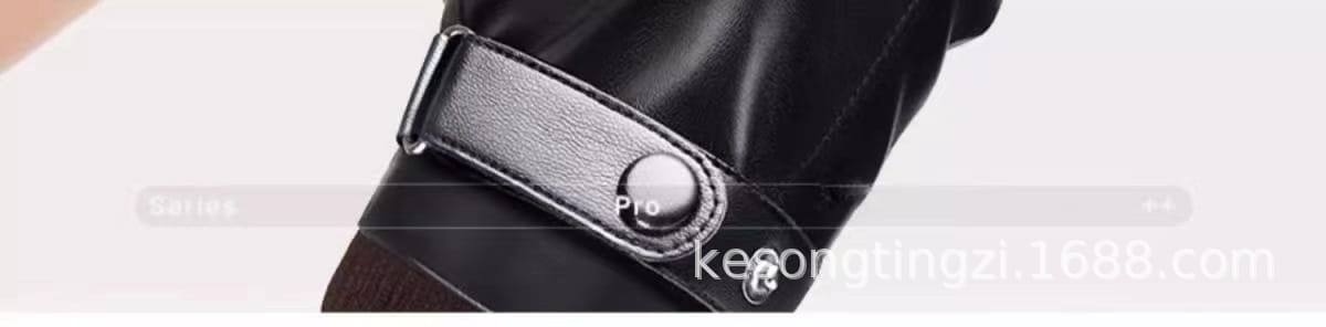 Black leather men winter touch screen glove shown from the back with a silver-toned metal buckle and strap.