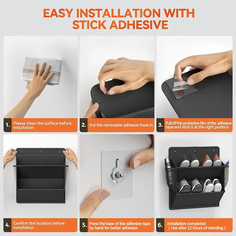 Black wall-mounted foldable shoe storage hanger with adhesive hook and multiple compartments for RV and wardrobe shoe storage.