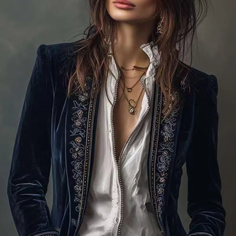 Vintage Ethnic Floral Print Velvet Women's Coat Fall Chic Stand Collar Slim Jacket Cardigan Winter Long Sleeve Female Outerwears