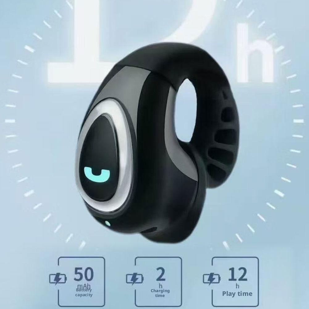 black and silver open ear clip on wireless bluetooth earbuds with a glowing teal led display on the front side