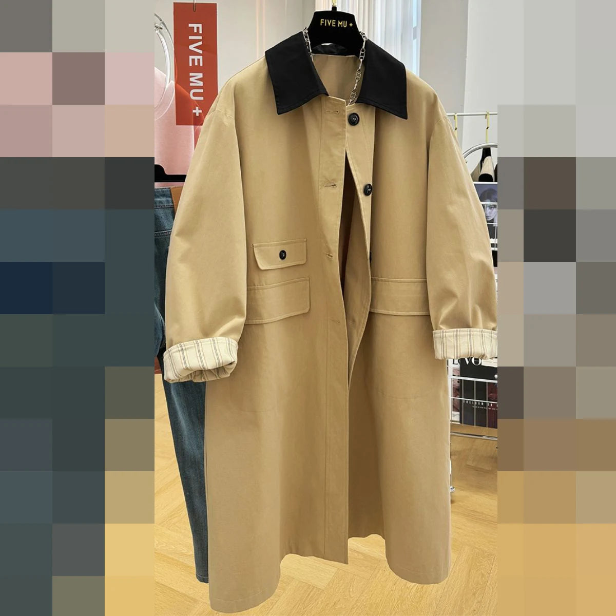 2025 new high-end  contrasting color lapel long trench coat women's spring and autumn loose casual foreign style tooling jacket
