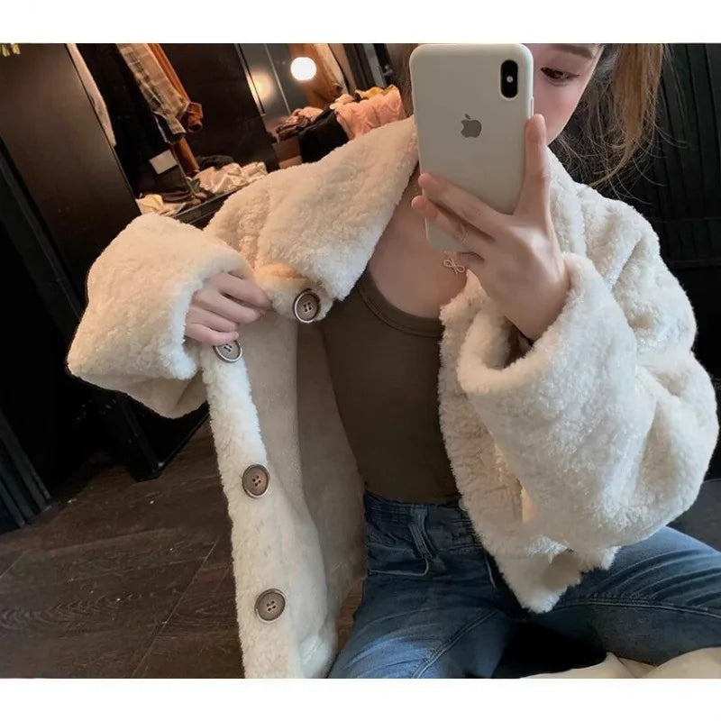 Lamb Wool Sweatshirt Jacket for Women Autumn Winter New Loose Short Korean Style Versatile Cardigan Top Fashion
