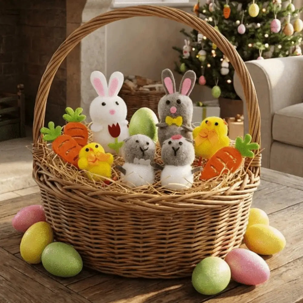 Handmade felt Easter egg and chick figurine gift set displayed in a woven wicker basket filled with plush bunnies, chicks, and carrots nestled in straw.