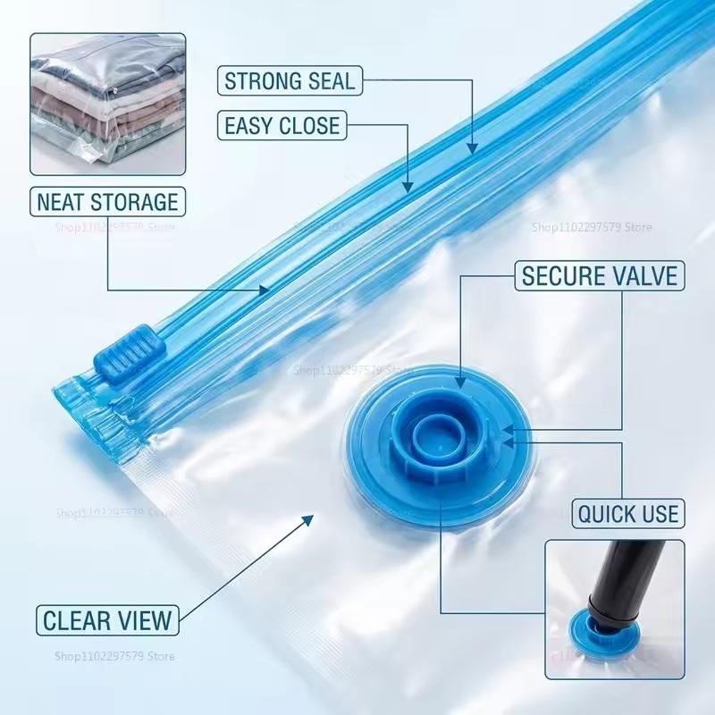 blue transparent vacuum storage bag with pa+pe material featuring a blue plastic valve and zipper in a 5 pack set